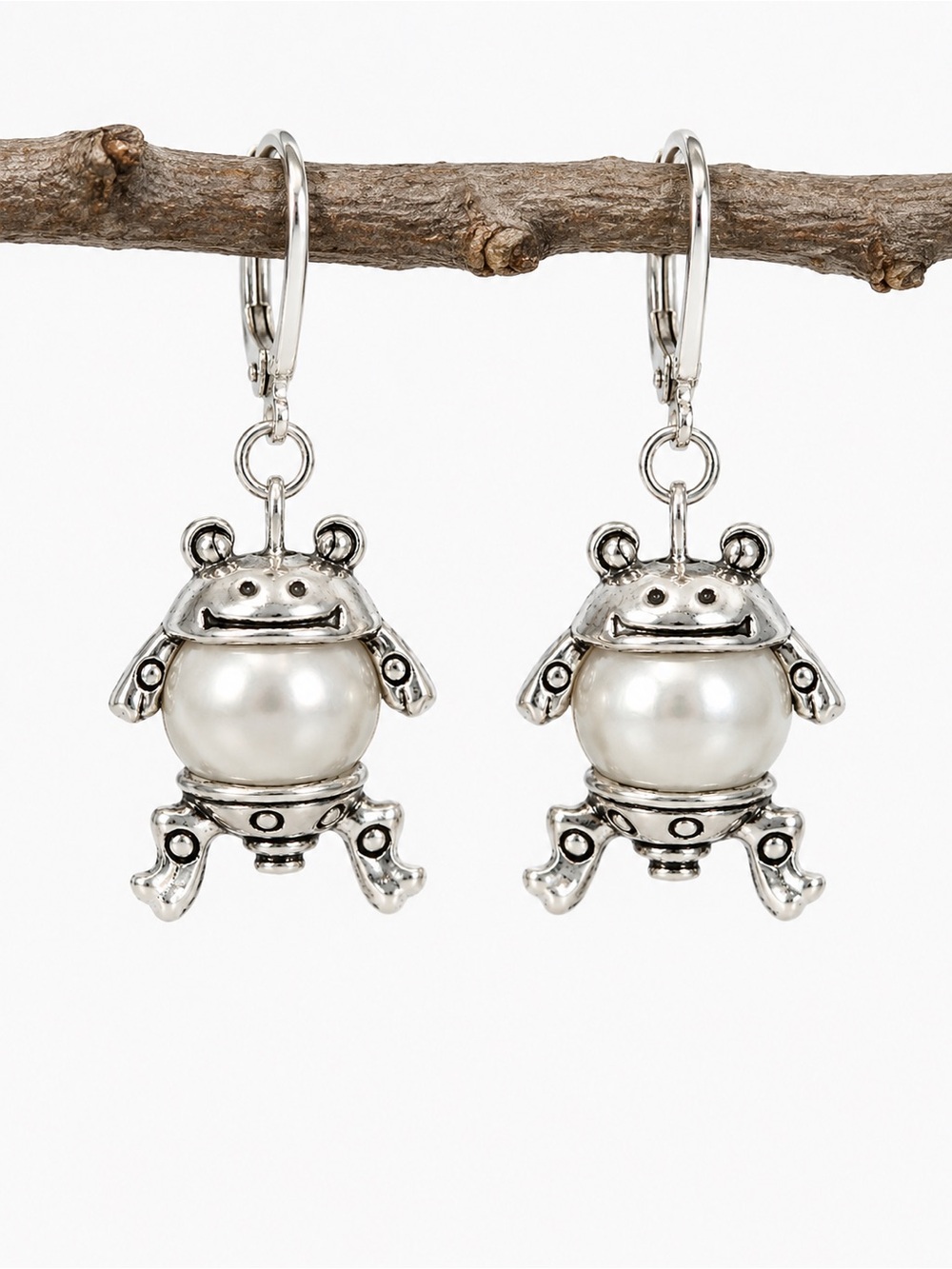 Artisan Silver Frog Pearl Dangle Earrings